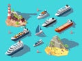 Isometric ships. Boats and sailing vessels, ocean tropical island with lighthouse and beach. 3d vector illustration