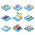 Isometric Ships and Boats Set with Cruise and Industrial Ship. Sailing and Shipping