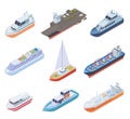 Isometric ships. Vessels shipping nautical boats barge commercial ship sea business marine sailing yacht ferry 3d vector Royalty Free Stock Photo