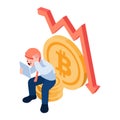Isometric Shocked Businessman with Falling Down Bitcoin Graph