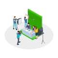 Isometric shooting TV show. Vector TV hosts, make-up artist, film crew. Show production, news channel