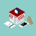 Isometric shop with money, mobile phone, cardboard box for online marketing