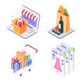 Isometric shopping concept, online order food and clothers