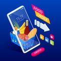 Isometric shopping groceries online supermarket with her mobile phone. Health food delivery online service.