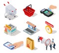 Isometric shopping icons. Ecommerce store, online shop and internet purchasing 3d vector marketing symbols