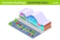 Isometric Shopping Mall Center Building with Cars on Parking flat vector collection Royalty Free Stock Photo