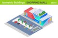 Isometric Shopping Mall Center Building with Cars on Parking flat vector collection Royalty Free Stock Photo