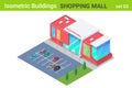 Isometric Shopping Mall Center Building with Cars on Parking flat vector collection Royalty Free Stock Photo