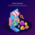 Isometric shopping from mobile concept with a woman selecting it