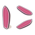 Isometric shortboard surfboard standing set, 3d lying pink water sport object in various foreshortening