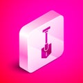 Isometric Shovel icon isolated on pink background. Gardening tool. Tool for horticulture, agriculture, farming. Silver