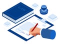 Isometric signed a contract with a stamp. Document with a signature. The form of the document. Business financial Royalty Free Stock Photo