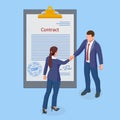 Isometric signed a contract with a stamp and with a signature. The form of the document. Business financial agreement or Royalty Free Stock Photo