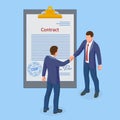 Isometric signed a contract with a stamp and with a signature. The form of the document. Business financial agreement or Royalty Free Stock Photo