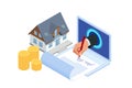 Isometric signed property purchase agreement, buyer. Mortgage online, new home buying online. Buying, selling or renting