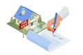 Isometric signed real estate purchase or lease agreement. Buyer. Mortgage online, new home buying online. Buying