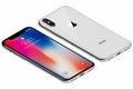 Isometric Silver Apple iPhone X front side with iOS 11 lockscreen and back side isolated on white background