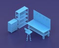 Isometric single color workshop with workbench in blue background, flat color work space, 3d rendering