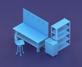 Isometric single color workshop with workbench in blue background, flat color work space, 3d rendering