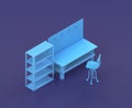 Isometric single color workshop with workbench in blue background, flat color work space, 3d rendering