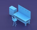 Isometric single color workshop with workbench in blue background, flat color work space, 3d rendering