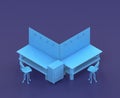 Isometric single color workshop with workbench in blue background, flat color work space, 3d rendering