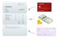 Isometric single Invoice, Bank check, cash and credit cards. Payment and billing invoices, business or financial