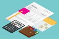 Isometric single Invoice, calculator and credit cards. Payment and billing invoices, business or financial operations