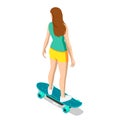 Isometric skateboard or longboard isolated on white. Girl skateboarding. Sporty woman riding on the skateboard on the