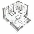 Isometric sketch of a modern interior shows an open-plan living and dining area. Royalty Free Stock Photo