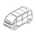 Isometric sketch of a modern minivan with a sleek design. Vector line drawing perfect for infographics, technical blueprints, and