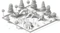Isometric sketch of a playground with slides, climbing structures, and trees. The image is drawn in pencil