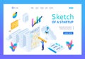 Isometric sketch of a startup, project on paper, project development and design. Landing page concepts and web design