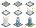 Isometric Skyscraper construction process. Building crane, multi-storey building under construction.