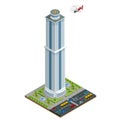 Isometric skyscraper with helipad on the roof composition with building and road isolated vector illustration Collection