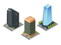 Isometric skyscrapers, roads, and trees. Set of buildings and modern apartments. Vector isolated illustration, 3D