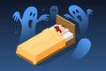 Isometric sleeping man has nightmares. Horrible dream. Stress and night terrors