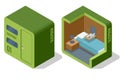 Isometric Sleeping Space Capsule Homes. Sleeping People in Smart Capsule Hotel. Sleepbox.