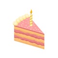 Isometric slice of delicious cake with burning candle. Tasty birthday dessert. Sweet food. Vector element for postcard Royalty Free Stock Photo