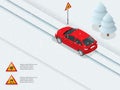 Isometric slippery, ice, winter, snow road and cars. Royalty Free Stock Photo