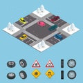 Isometric slippery, ice, winter, snow road and cars. Caution Snow. Winter Driving and road safety. Urban transport.