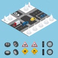 Isometric slippery, ice, winter, snow road and cars. Caution Snow. Winter Driving and road safety. Urban transport.