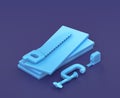 Isometric small clamp, handsaw and table measure with hardboard blocks on blue background, single color workshop tool, 3d