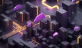 Futuristic Cyberpunk Cityscape with Neon Lights and Data Streams Royalty Free Stock Photo