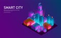 Isometric smart city connection landscape night city scene. Futuristic concept. Vector and illustration Royalty Free Stock Photo