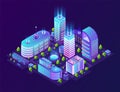 Isometric smart city. Futuristic 3D buildings in neon town, modern megapolis district in gradient colors. Vector