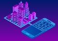 Isometric smart city. Mobile GPS navigation. Search and information of places on the city map.