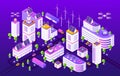 Isometric smart city. Modern futuristic neon town structure, gradient transport and buildings. Vector night urban