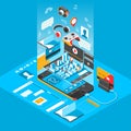 Isometric smart phone interface. Screen with different apps and icons. 3d vector illustration.