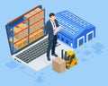 Isometric Smart warehouse management system. Concept of automatic logistics management. Packages are transported in high